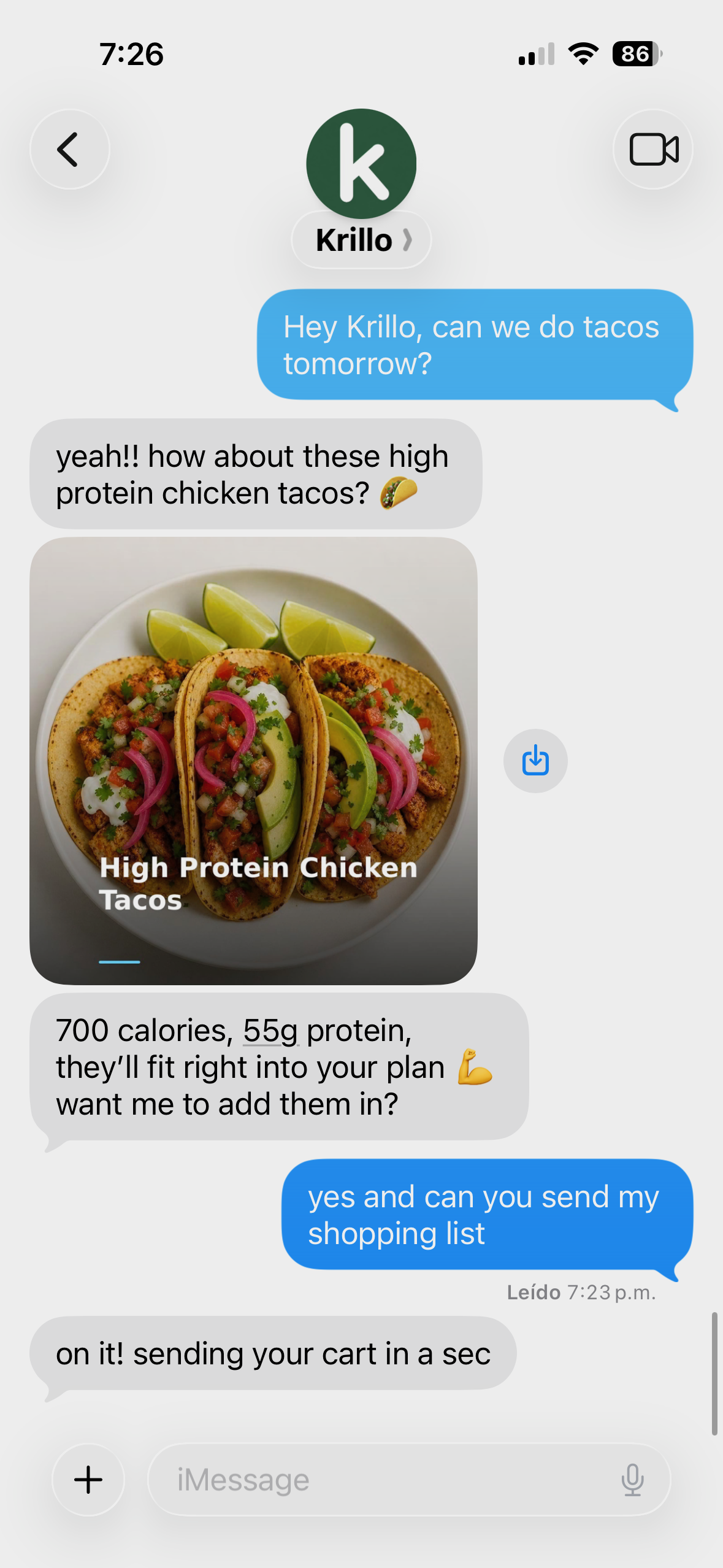 Krillo texting a personalized meal plan